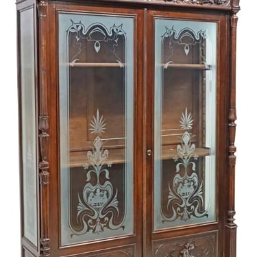 Antique Bookcase, Italian, Hunt, Carved Walnut, Etched Glass, Display, 1800s!!