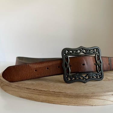 Vintage 90s Distressed Genuine Leather Chunky Square Buckle Belt - XXL 