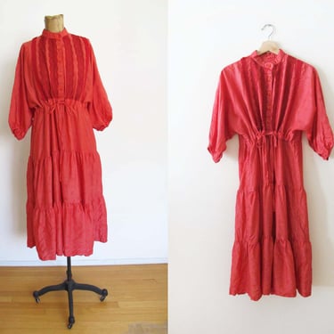 Vintage 70s Red Balloon Sleeve Peasant Dress S M - 1970s Bohemian Button Chest Tiered Skirt Romantic Hippie Sundress 