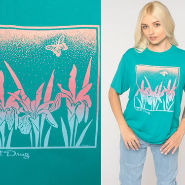 Floral T Shirt 80s Teal Butterfly Shirt Floral Tee Short Sleeve TShirt Flower Print Shirt 1980s Vintage Green Graphic Tee Crewneck Large L 