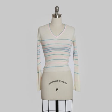 Vintage 1970s V neck striped pastel knit sweater 