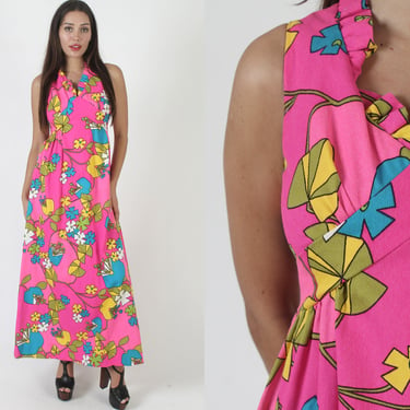 Bright Neon Luau Dress / Hawaiian Vacation Style / Psychedelic Colorful Maxi Dress / Vintage Long 70s Tiki Party Outfit 