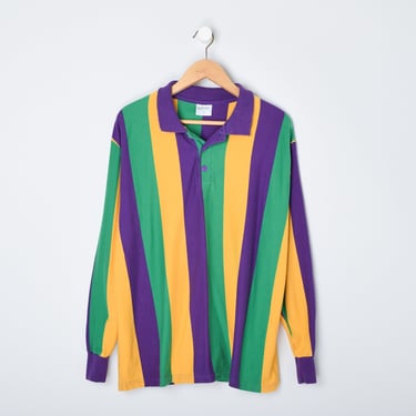 Vintage 90s Purple, Yellow & Green Striped Collared Shirt - long sleeve polo, nineties - Men's L 