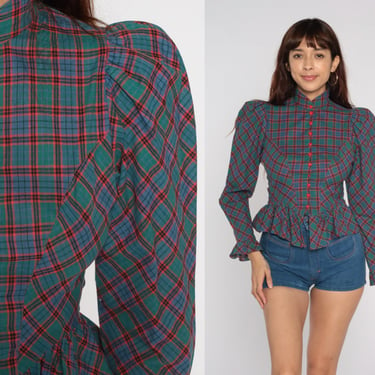80s Plaid Blouse PUFF Sleeve Blouse Cottagecore Western Heart Button Down Top Peplum 1980s Vintage Green Blue Long Sleeve Extra Small xs 