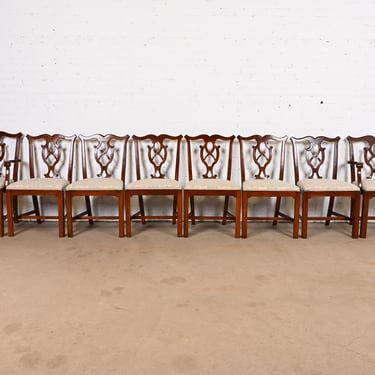 Baker Furniture Style Georgian Carved Mahogany Dining Chairs, Set of Eight