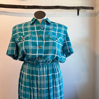 Vintage Leslie Fay Blue Checkered Plaid Short Sleeve Collared Midi Dress Size 14 