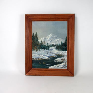 Original Winter Antique Painting with Stream Trees Shoreline and Mountain Ridge Vintage Wood Framed Scenic Landscape Nature Wall Art 