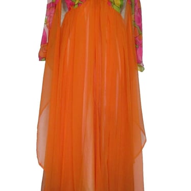 70s Chiffon Dress, Vintage Maxi Dress, XS/S Women, Orange Multicolor, Flowing Fabric, Dramatic Sleeves 