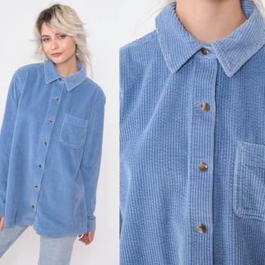 Blue Corduroy Shirt 90s LL Bean Shirt Long Sleeve Boyfriend Button Up Blouse Vintage 1990s Normcore Hiking Chest Pocket Large Regular R 