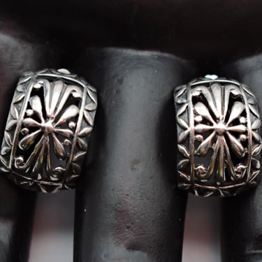 90's oxidized sterling Gothic reeds half hoop studs, edgy 925 silver Byzantine leaves earrings 