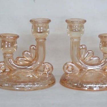 Jeannette Glass Floragold Louisa Orange Double Candle Stick Holders a Pair 3353B