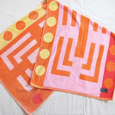 Vintage 60s Geometric Striped Polka Dot Beach Towel - Colorful Pink Yellow Orange Terrycloth 1960s Pool Towel - Retro Vintage Towel 