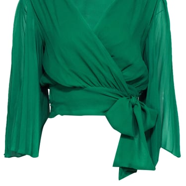 Alice & Olivia - Kelly Green Pleated Silk Cropped Wrap Blouse Sz M