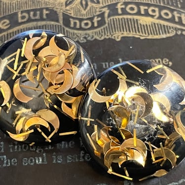 vintage black confetti foil earrings 1950s lucite gold crescent moon clip-ons 