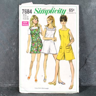 1968 Simplicity #7684 Culottes Pattern | Size 12, Bust 34" | COMPLETE Cut Pattern | Pantdress | Pantjumper 