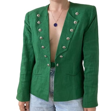 Vintage Sportalm Austrian Emerald Green Linen Plunging V Neck Blazer Jacket Sz M 