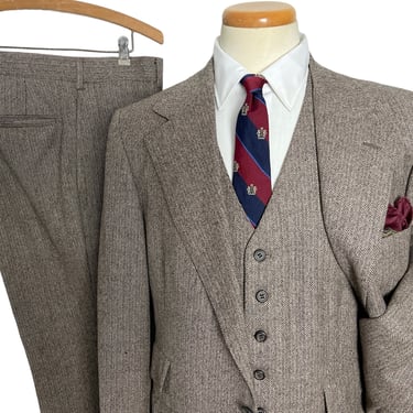 Vintage Wool Tweed 3pc HERRINGBONE Suit ~ 40 Long ~ vest / waistcoat ~ pants / jacket / sport coat 