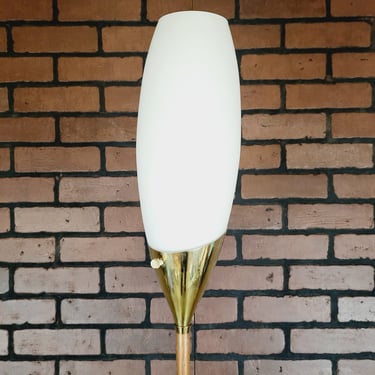 MCM Mid Century Modern Laurel Tulip Frosted Glass Walnut and Brass Floor Lamp 