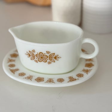 Vintage Pyrex Milk Glass Butterfly Gold Gravy Boat 