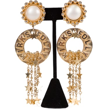 Kirks Folly 1990s Star Gold-Tone Waterfall Vintage Clip-On Hoop Earrings 