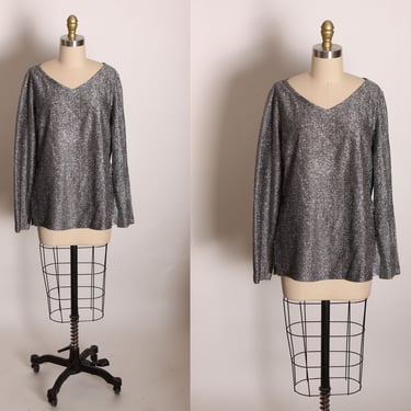 1970s Black and Silver Lurex Long Sleeve V Neck Pullover Blouse by Alice Stuart -XL 