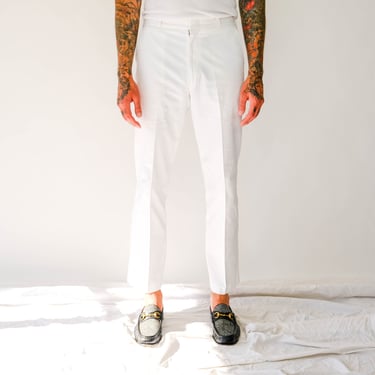 Vintage 70s BULLOCKS WILSHIRE White Cotton High Waisted Flare Leg Pants | 100% Cotton | Size 34x31 | 1970s Designer Mens Mod Tailored Slacks 