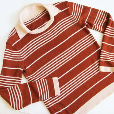 Vintage 70s Striped Collared Knit Long Sleeve Shirt  S - 1970s Rust Red and Pink Knitted Preppy Fall Autumn Top 