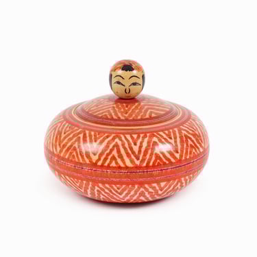Tougatta Ejiko Wooden Box with Koma Top Kokeshi Doll Japan Red Vintage 