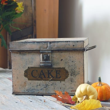 Antique cake carrier / metal vintage cake tin / farmhouse rustic kitchen cake keeper / industrial decor / bakery display / cake pantry box 