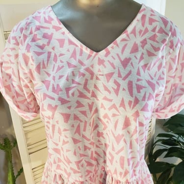Way Cute Vintage 80s "Miss OOPS'  Pink Print Babydoll Minidress s/m V Front and Back 