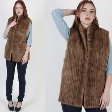 Real Vintage 80's Corded Brown Mink Fur Vest With Pockets 
