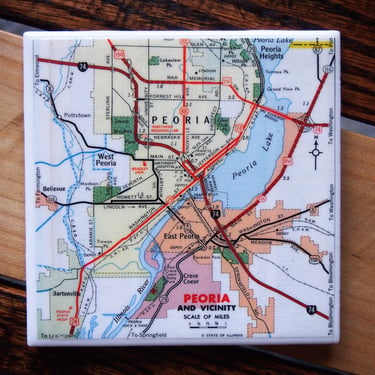 1967 Peoria Illinois Map Coaster. Illinois Gift. Peoria Map. Vintage Illinois. Housewarming Midwest Gift. Bradley University. City Map Gift. 