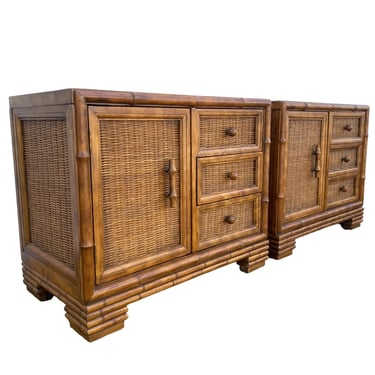 Set of 2 Hollywood Regency Nightstands with Faux Bamboo & Rattan Wicker by American of Martinsville - Vintage Boho Wood Coastal End Tables 
