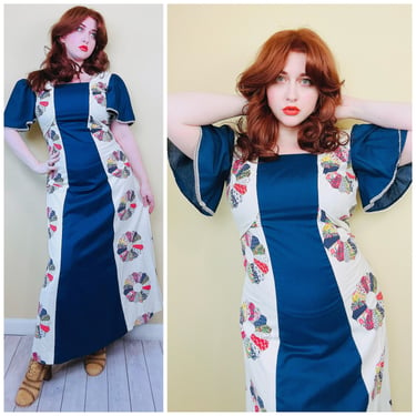 1970s Vintage Homemade Patchwork Maxi Dress / 70s Rainbow Calico Flutter Sleeve Prairie Gown / Size Medium 