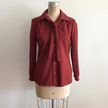 Dark Red/Maroon Blouse with Neck Tie - 1970s 