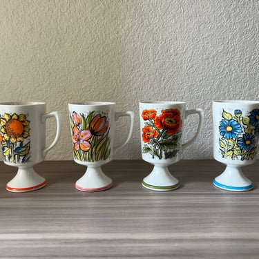 Vintage Set of Four Vicki Porcelain Floral Irish Coffee Mug, Retro coffee mugs 