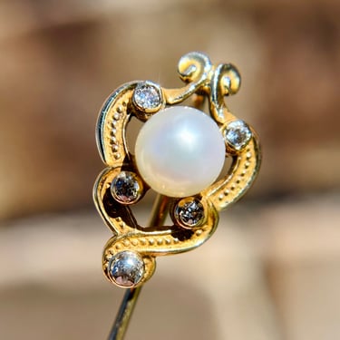 Antique 14K Yellow Gold Pearl Diamond Stick Pin, Victorian Edwardian Art Nouveau 