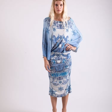 Vintage VERSACE Collection Y2K Pegasus + Rococo Printed Batwing Sleeve Dress sz IT 44 S M Baroque Sky Blue Gianni 90s Maximalist 