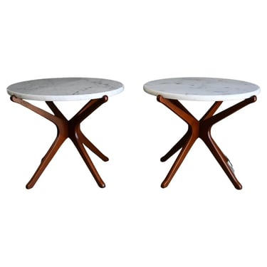 Pair of Walnut and Italian Marble Star Base Side Tables, ca. 1960