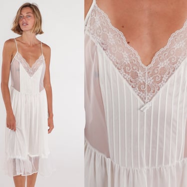 White Lingerie Nightgown 80s Sheer Lace Slip Dress Ruffled Bridal Midi Nightie Sleeveless Romantic Bohemian Pleated Vintage 1980s Medium M 