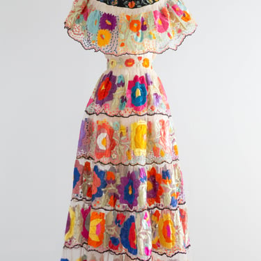 Rare 1940's Mexican Chiapas Two Piece Traditional Skirt & Blouse Gala Dress Set / Medium