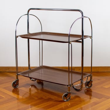 Mid-century Modern Serving Trolley | Vintage Metal and Chrome Bar Cart | Bremshey Folding Bar | Made in Germany | 60's Radio or Plant Stand 