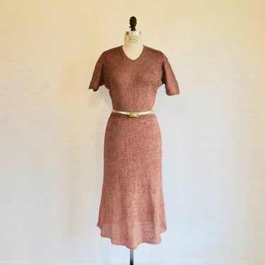 1940's Caramel Brown Rayon Ribbon Knit Day Dress Rockabilly WW2 Era 28" Waist Size Small Medium 