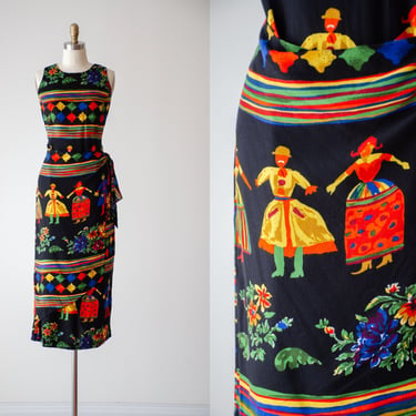 black wrap dress | 90s vintage Hungarian folk novelty print sleeveless sarong dress 