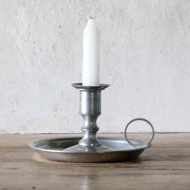 Stieff Pewter Chamberstick with Finger Loop, Vintage Silver Toned Candle Holder with Handle 