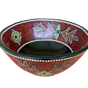 9" Decorative ceramic bowl, red & black tribal design, Eclectic boho home decor 