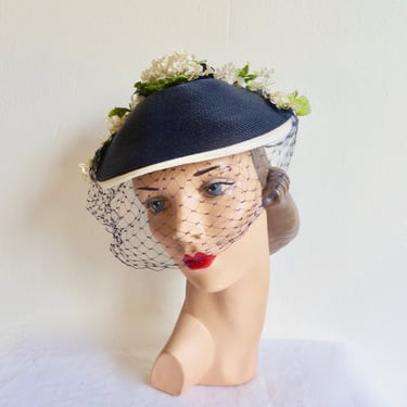 1950's Navy Blue and White Fine Straw Hat White Flowers and Leaves Trim Face Veil 50's Spring Summer Millinery Rockabilly The Bon Marche 