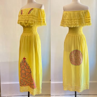 Vintage 70s Maxi Dress / BOHO Ethnic Embroidered Cotton / Off-Shoulder + Smocked Wide Waist + Heart Fringe Trim / Unique Folk Art Embroidery 