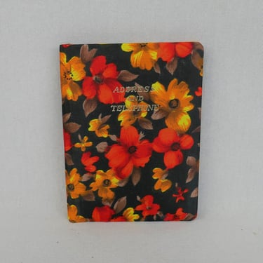 60s 70s Address Telephone Number Book - Floral Fabric - Black Red Orange Yellow Brown - Vintage 1960s 1970s - Made in Japan 