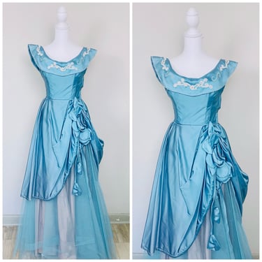 1950s Vintage Blue Satin 3D Flower Prom Dress / 50s / Fifties Beaded Custom Made Tulle Under Skirt Glamour Gown / XS 